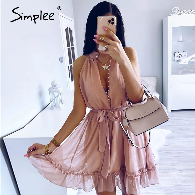 Simplee Sexy sleeveless women dress Solid ruffled sash buttons party summer dress Casual holiday ladies chiffon beach mini dress Simplee Sexy sleeveless women dress Solid ruffled sash buttons party summer dress Casual holiday ladies chiffon beach mini dress