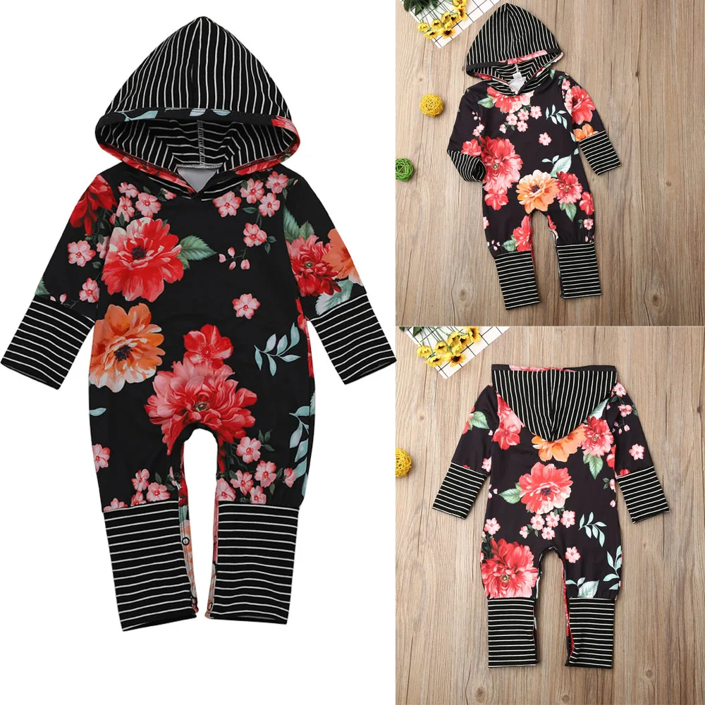 Pudcoco/Одежда для новорожденных девочек; комбинезон в полоску с длинными рукавами и капюшоном с цветочным принтом; цельный комплект одежды из хлопка