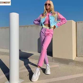 

Short jackets+pants women 2020 autumn winter pink patchwork fashion two piece set colorful clothing tracksuit chandal mujer