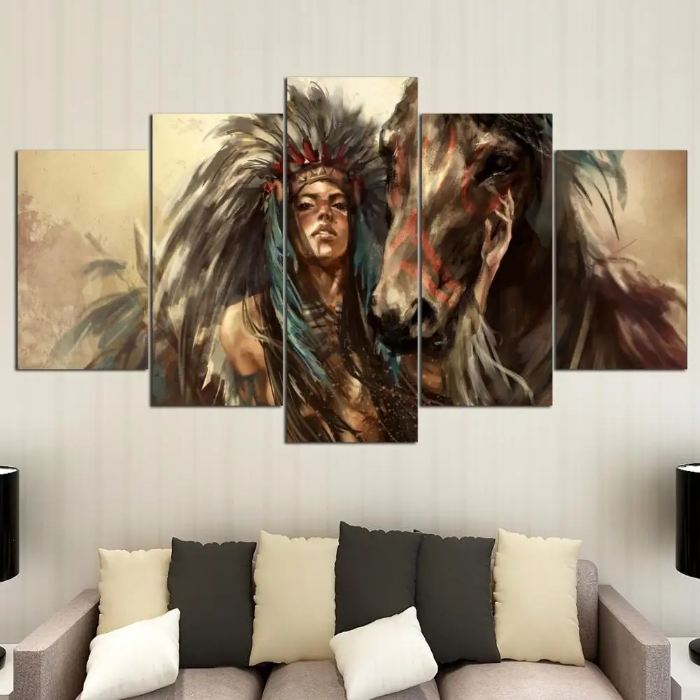 

HD printed 5 piece Canvas Art tribe warrior with horse Painting 5 panels Wall Pictures Decor Free shipping
