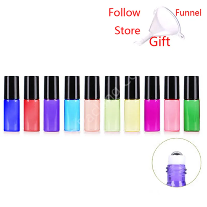 10pcs 5ml Glass Essential Oil Roller Bottles Glass Roller Balls Candy-colored Perfumes Lip Balms Glass Bottle with Steel roller