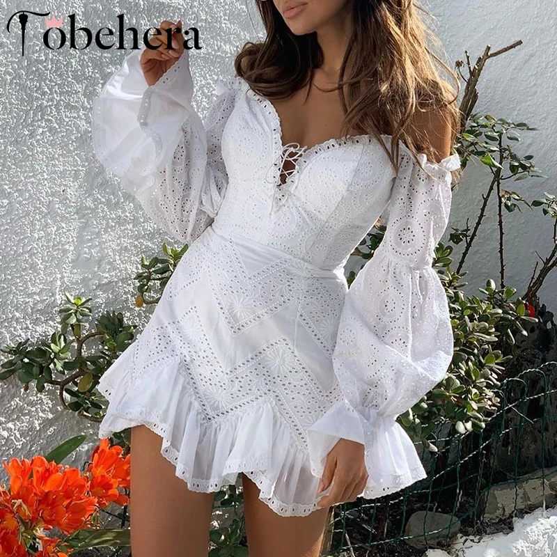 Glamaker хлопковое сексуальное Белое Мини-платье с открытыми плечами женское