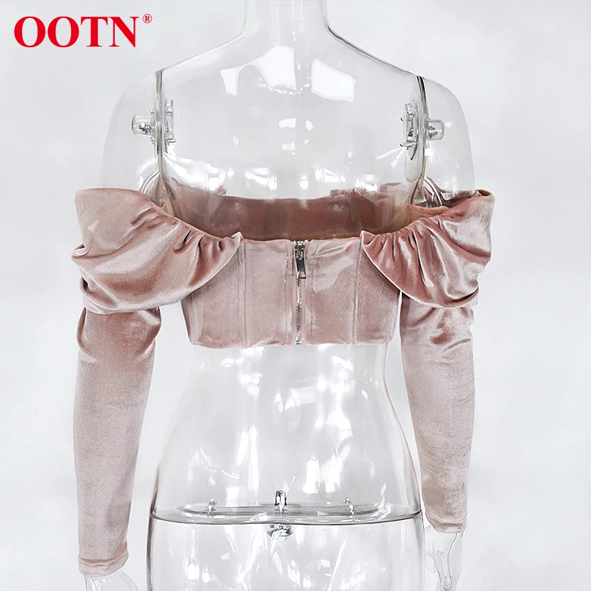 OOTN Асимметричная рубашка с открытыми плечами, топ, женская блузка, сексуальная розовая бархатная туника с длинным рукавом, блузка, женские укороченные топы с рюшами, уличная одежда