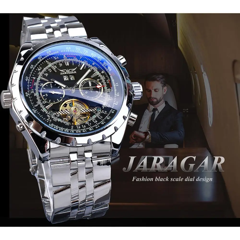 Jaragar Черный Tourbillon Мужские часы автоматический большой циферблат светящаяся Дата дисплей из нержавеющей стали ремешок механический стимпанк Relogio