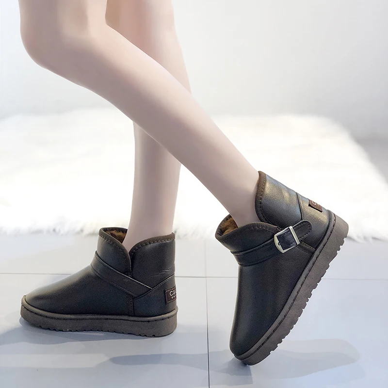 Женские модные теплые ботинки; botas mujer; непромокаемые водонепроницаемые ботильоны из искусственной кожи; обувь на плоской подошве с круглым носком; кожаные U11-74