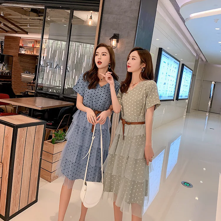 

Best Friend-Dress 2019 Spring Summer New Style Short Sleeve V-neck Polka Dot Skirt Mid-length Cake Dress Women's Fashion
