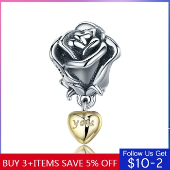

CodeMonkey Authentic 925 Sterling Silver Rose Flower with You in Heart Dangle Charm fit Bracelet Jewelry Valentine Day Gift C455