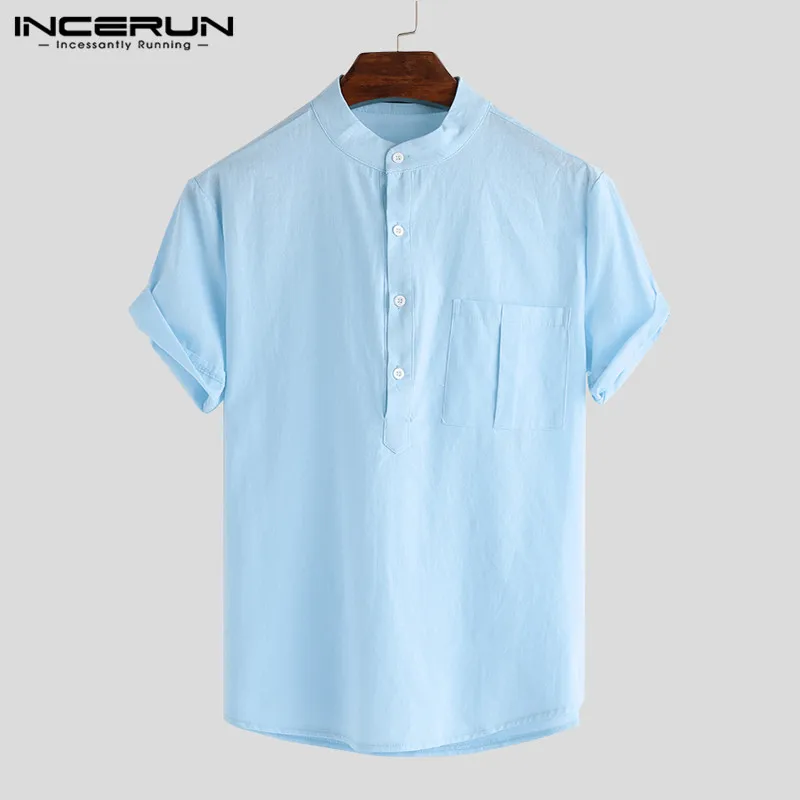 Summer casual men shirts stand collar solid cotton short sleeve streetwear