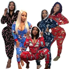 

2021 Women Christmas Cartoon Print Jumpsuit Bodysuit Front Zipper Long Sleeve Fitness Jumpsuits Hooded Homewear Playsuit