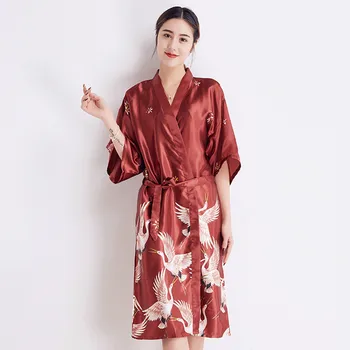 

Casual Print Burgundy Kimono Bathrobe Gown Sexy Women Sleepwear Home Clothing Satin Intimate Lingerie Bride Wedding Party Gift