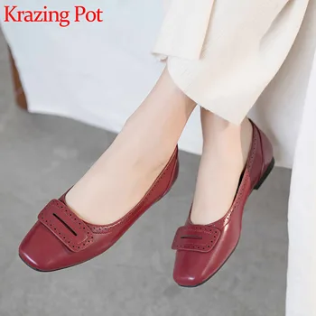 

Krazing pot 2020 new full grain leather square toe Korean design princess style slip on shallow concise summer women flats L32