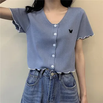 

Knitting Embroidery Petal Sleeve Women Blouse V-neck Single Breasted Open Stitch Short Female Blouses Fashion Casual Lady Tops