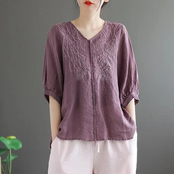 

Oversized T-shirts Women Summer Vintage Casual Tee Shirt New 2020 Fashion Embroidery Half Sleeve Cotton Linen Female Tops P685