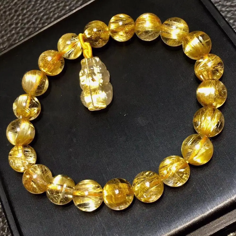 

9mm Natural Brazil Gold Rutilated Titanium Quartz Crystal Woman Man Pi Xiu Beads Carved Bangle Wealthy Bracelet Pendant AAAAA