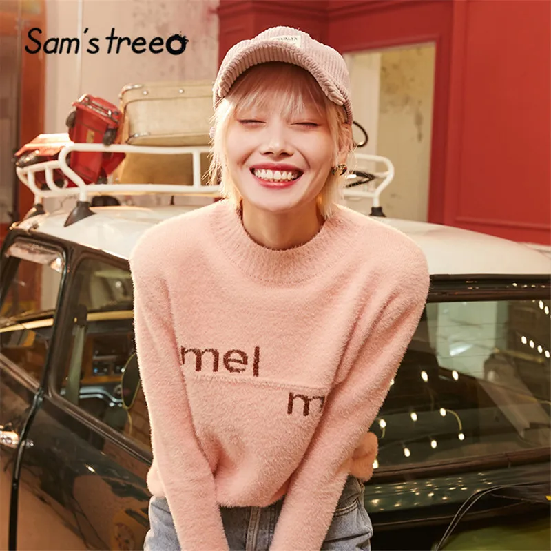 

SAM'S TREE Multicolor Solid Letter Colorblock Casual Pullover Sweater Women 2020 Winter Pure Soft Korean Ladies Daily Tops