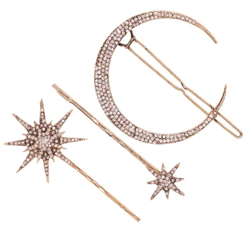 

3PCS Fashion Rhinestone Hairpins Moon Seven-point Star Hair Clips Alloy Bang Clips Bobby Pins for Women Girls