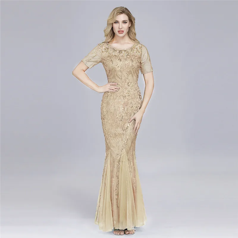 Золотой Beauty Emily, стиль, о-образный вырез, короткий рукав, Русалка, вечернее платье,, романтичное, с блестками, плиссированное, официальное, вечернее платье, настоящая фотография - Цвет: Золотой