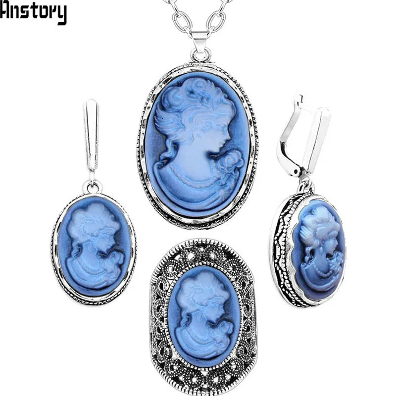Lady Queen Cameo Jewelry Sets Vintage Necklace Earrings Ring For Women Flower Pendant Fashion Party Fashion Jewelry