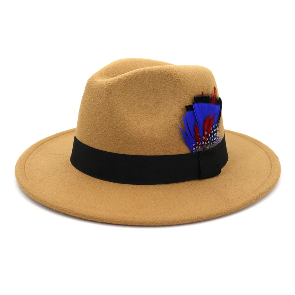 Ретро Женская шерстяная ковбойская шляпа с широкими полями, ковбойская джазовая Кепка для конного спорта, сомбреро с лентой из перьев AD0962 - Цвет: CAMEL