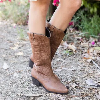 

Boots Womans Cowboy Western for Women Pointy Toe Cowgirl Boots Square Heels Knee High Boots Retro Women Shoes Black Botas Mujer
