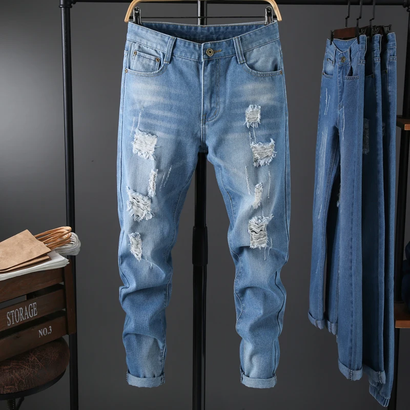 

2019 Summer lightweight jeans men new hole ripped distressed homme denim trousers ankle-length pants plus size 28-36 male jeans