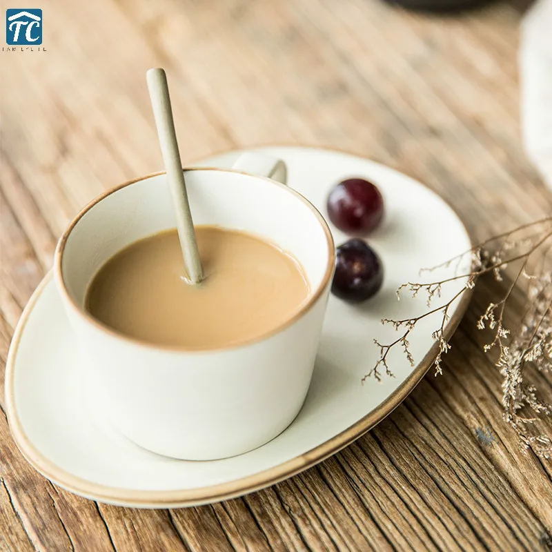 Ceramic Coffee Cup Set Retro Drinkware Breakfast Cups Stoneware Water Mug Vintage Handle Porcelain Saucer Spoon Milk Holder | Дом и сад
