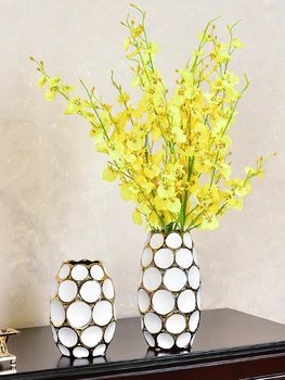 

2 Pcs/set Ceramics Vases Gold Pattern Modern Home Decor Vase Crafts Glaze Porcelain Flower Insert Dried Floral Desk Decoration