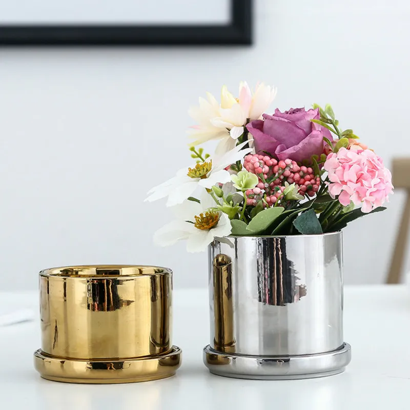 

1 Set Nordic Minimalism Style Flower Pot Gold and Silver Plating Succulents Plant Pot with Ceramic Tray Home Decoration