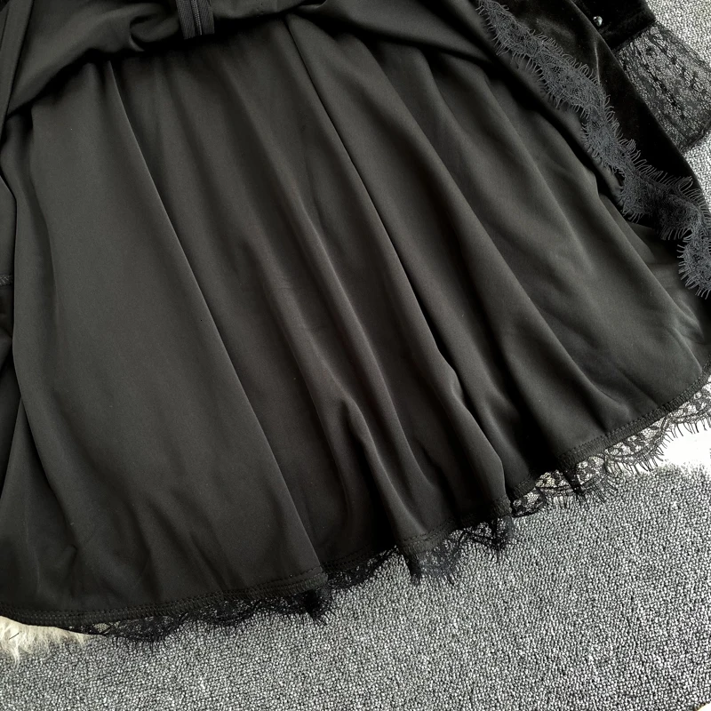Чёрный кружевной бархатный мини-платье женское французское винтажное Сетчатое сексуальное ТРАПЕЦИЕВИДНОЕ элегантное рождественское короткое платье для женщин