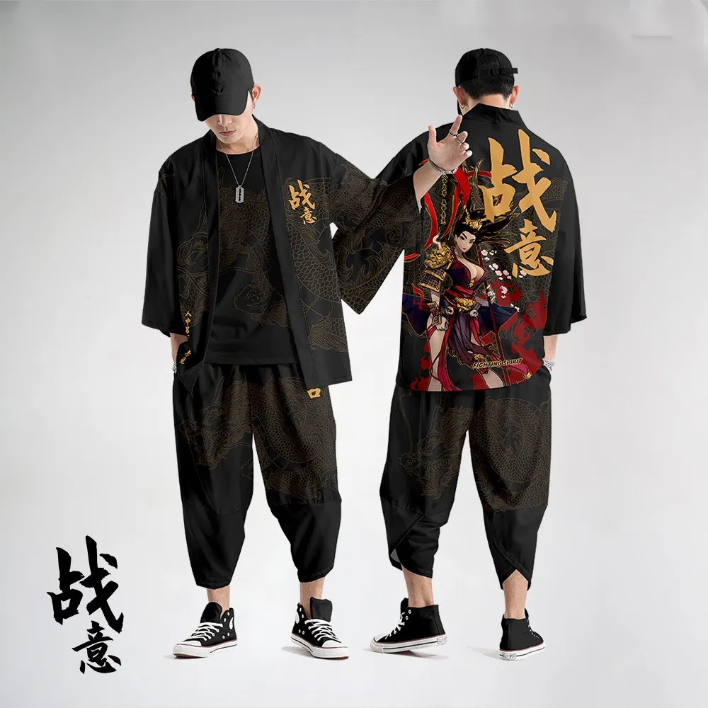 

Two Pieces Suit Oversized S-6XL Japanese Style Kimono Haori Pants Set Men Harajuku Streetwear Samurai Cardigan Costume Yukata