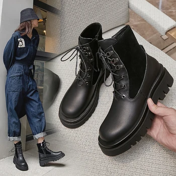

Patchwork Genuine Leather Short Boots Women Ankle Boots Office Shoes Woman 2020 Winter Warm High Heels size 41 42 43