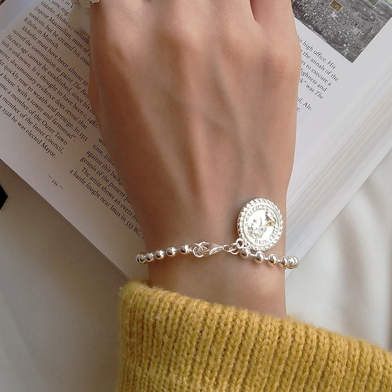 Королевский круглый браслет с подвеской, 925 пробы, серебряный, нежный, серебряный, металлический, с бусинами, цепочка, Модный женский браслет для монет, свадебные ювелирные изделия