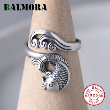 

BALMORA 100% Pure 925 Sterling Silver Open koi Fish Rings For Women Water Ripple Ring Adjustable Finger Ring Daily Jewelry Gift