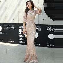 Вечернее платье Шампань Золотое блестящее расшитое блестками О-образный вырез с оборками для женщин Вечерние платья Русалка длинное вечернее платье K076