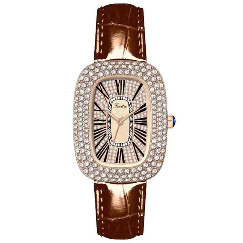 Luxury Diamond Crystal Women Watches Top Brand Luxury Leather Quartz Wrist Watch Girl Ladies Gift Clock Oval Shaped Wristwatch