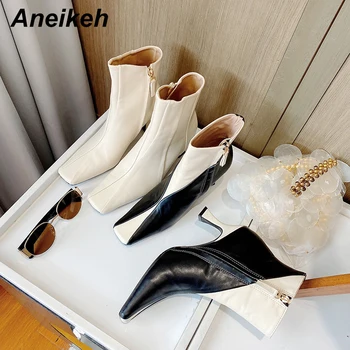 

Aneikeh Spring Women Shoes ANKLE Chelsea Boots PU Patchwork Square Toe Fashion Sewing Spike Heels ZIP Party Size 35- 39 Black