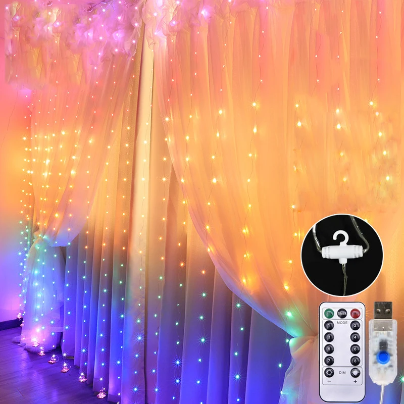 

3M Rainbow LED Garland Curtain Lights Fairy String Remote Control USB Christmas Lamp Holiday Decoration for Home Bedroom Window