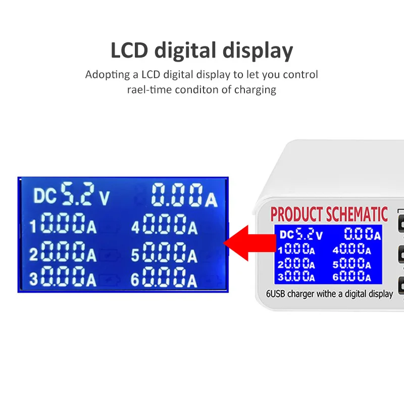 Ce rohs 6 портов USB зарядное устройство умная зарядка многопортовое зарядное устройство для путешествий ЖК-дисплей цифровой дисплей станция многопортовый зарядный штекер США