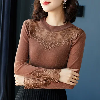 

New solid color long-sleeved round neck embroidered chiffon T-shirt women