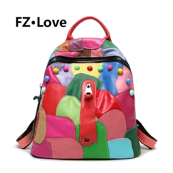 

Rivet Colorblock Patchwork Laptop Backpack Genuine Leather Zipper Bags Fashion Casual Rucksack Satchel for Women/Girls/Travel