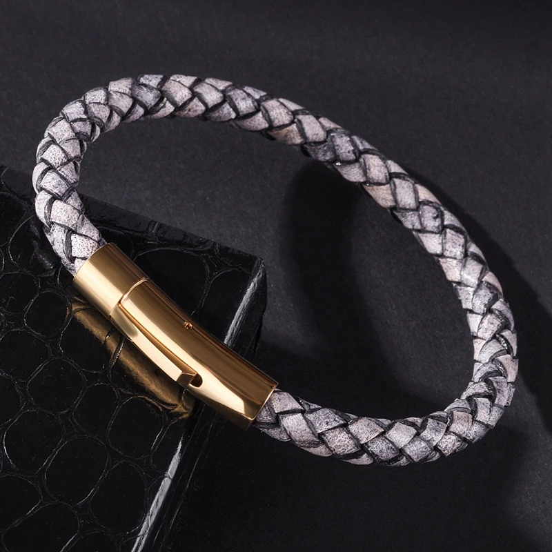 MOZO FASHION HOT Man Charm Bracelets Gray Genuine Leather Rope Mixed Braided Bracelet Simple Punk Woman Classic Jewelry 602