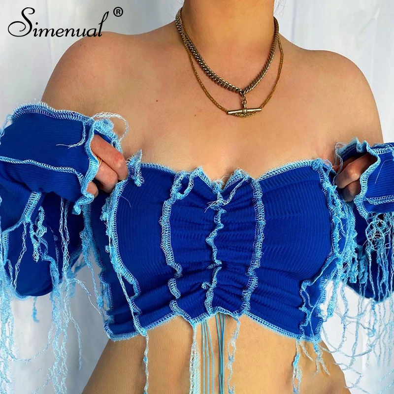 

Simenual Ribbed Off Shoulder Sexy Women Crop Tops Long Sleeve Patchwork Hot Bodycon T Shirts Club Party Fall 2020 Fashion Tees