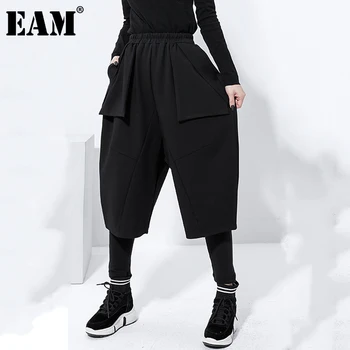 

[EAM] High Elastic Waist Black Pocket Irregular Harem Trousers New Loose Fit Pants Women Fashion Tide Spring Autumn 2020 1Z334