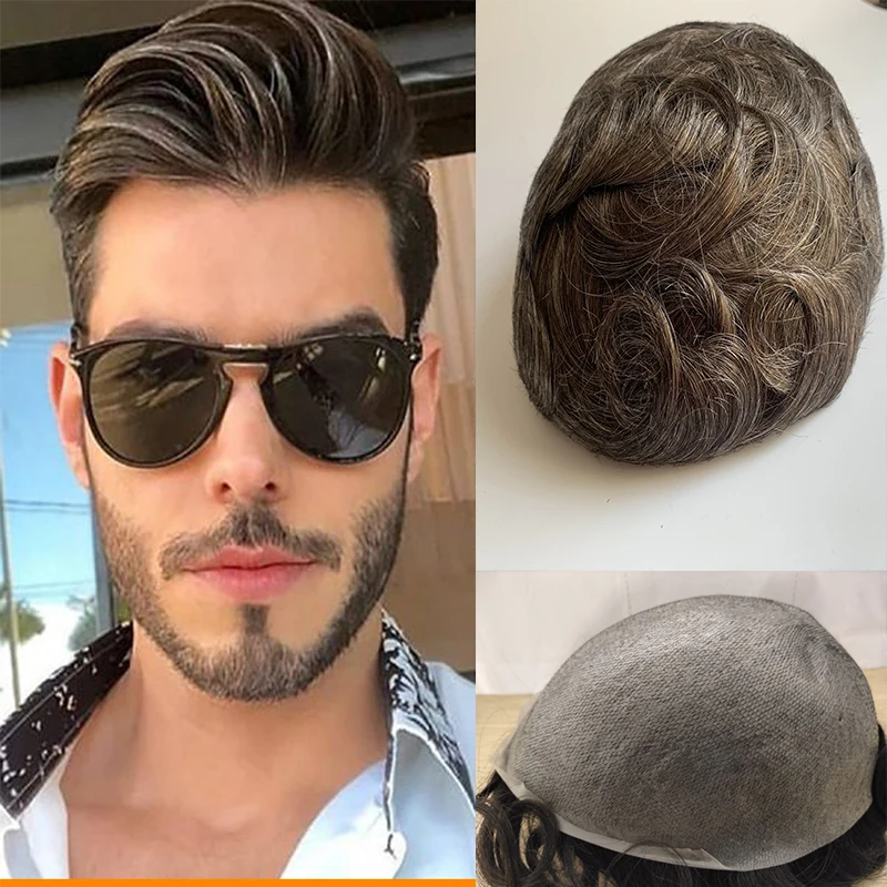 Man Wig Salon Barber Shop Thin Skin Men Grey Toupee Human Hair Natural