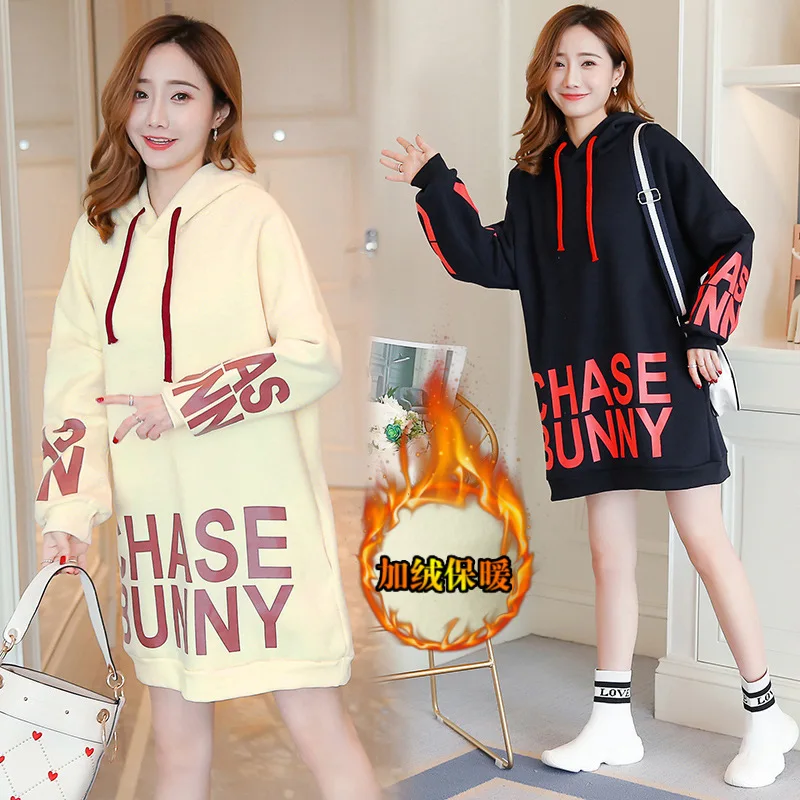 

2018 New Style Maternity Clothes Loose And Plus-sized Fashion Printed Hooded Mid-length Cotton plus Thick Velvet Hoodie Dress