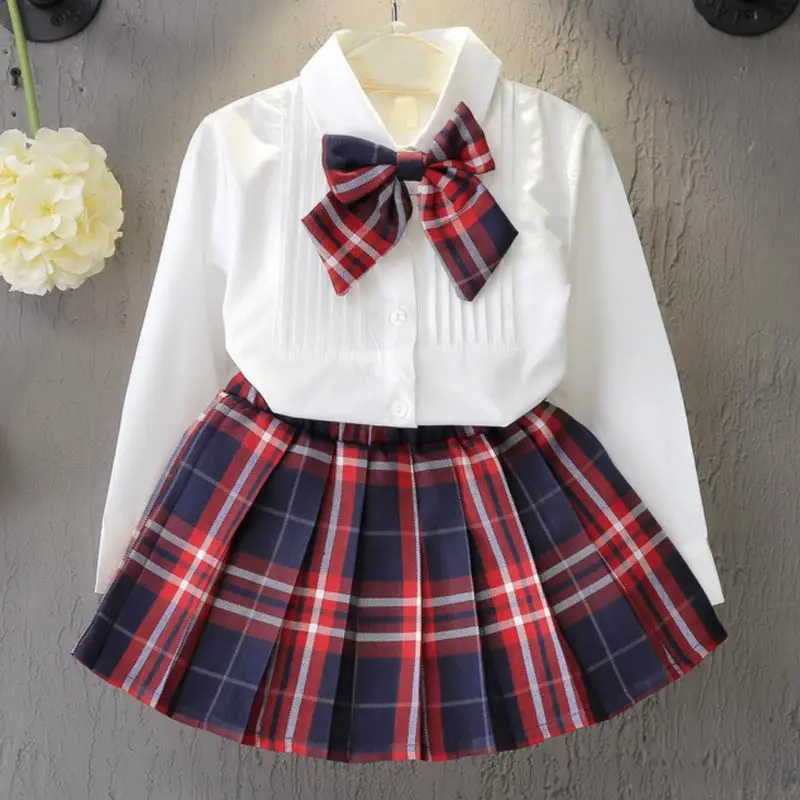 

New Christmas Outfits Girls Clothing Sets Casual Girls Dress Set Shirt Top Plaid Knot Tie Plaid Mini Skirt 3 Pcs Set Girls Suits