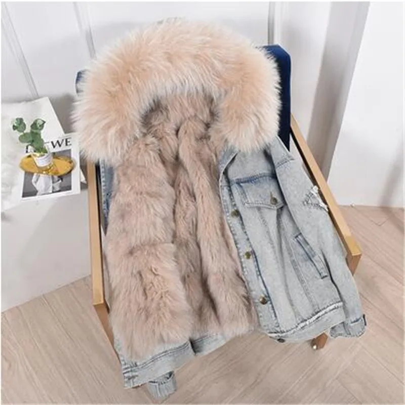 

2019 new women parka natural fox fur collar denim jacket real fur coat vintage fashion streetwear winter jacket