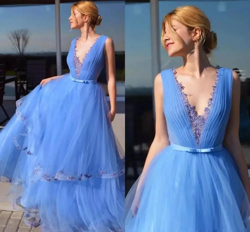 

Charming Sky Blue Prom Dresses deep V Neck Draped Sash Bow Appliques Beads Long Special Occasion Dress Formal Evening prom dress