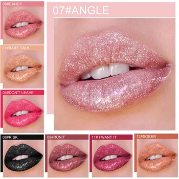 

QIBEST Shimmer Liquid Lipstick Glitter Lip gloss 12 Colors Cosmetic Makeup Lip Tint Glitter Moisturizing Waterproof Lip Gloss