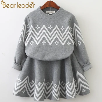 

Bear Leader Girls Dress 2020 Winter Geometric Pattern Dress Long Sleeve Girls Clothes Top Coat+ Tutu Dress Sweater Knitwear 2pcs